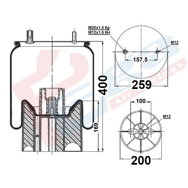 Luftfederbalg Sattelauflieger Fruehauf mit Achse ROR Meritor | 4157NP10, UJB0975, D12B29, 1T15MPW-7, W01M586315, mit Kunststoffkolben, Standard