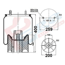 Luftfederbalg Sattelauflieger Fruehauf mit Achse ROR Meritor | 4157NP10, UJB0975, D12B29, 1T15MPW-7, W01M586315, mit Kunststoffkolben, Standard