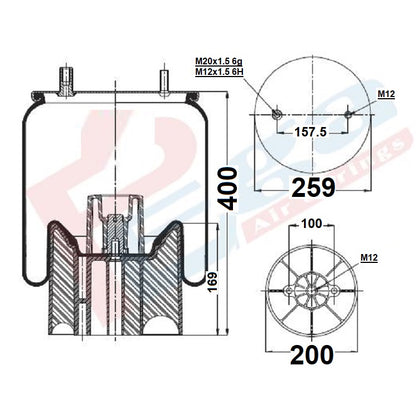 Luftfederbalg Sattelauflieger Fruehauf mit Achse ROR Meritor | 4157NP10, UJB0975, D12B29, 1T15MPW-7, W01M586315, mit Kunststoffkolben, Standard