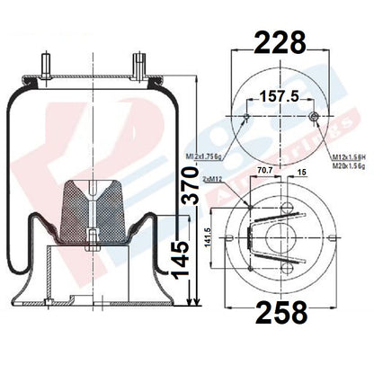 Luftfederbalg Sattelauflieger Fruehauf mit Achse ROR Meritor | 4156NP09, D12B16, W01M589089, mit Metallkolben, Standard