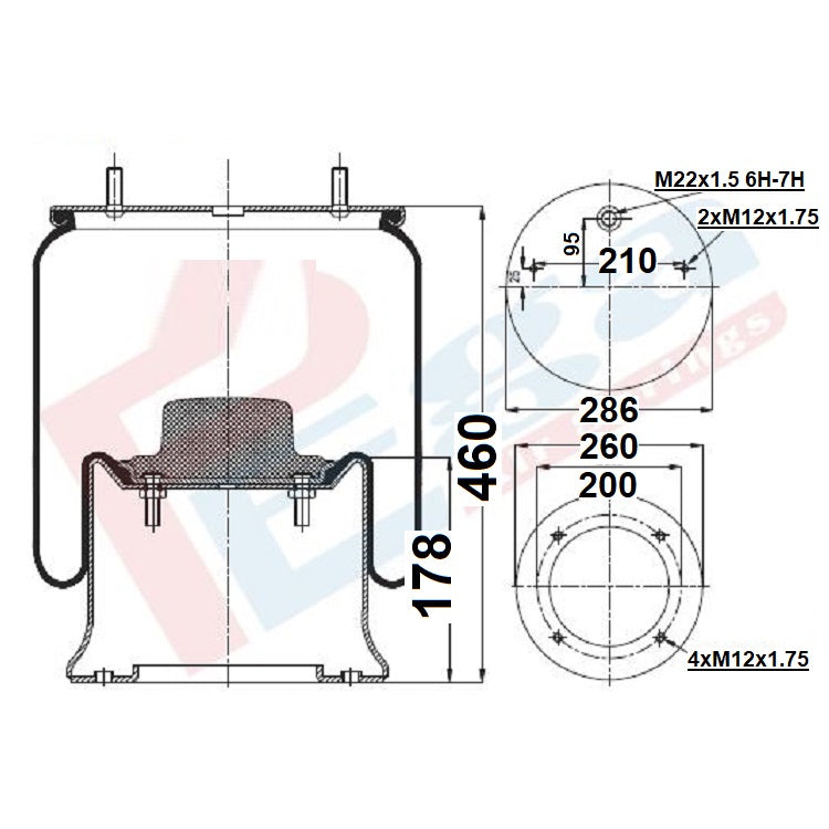 Luftfederbalg Sattelauflieger Schmitz | 4028NP02, 015323, 9463281501, 9518147820, 017924, mit Metallkolben, Standard