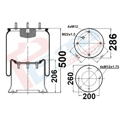 Luftfederbalg Sattelauflieger Fruehauf mit Achse SAF | 4008NP01, 1T19L-12, W01M588765, 1D28C-12, mit Metallkolben, Standard