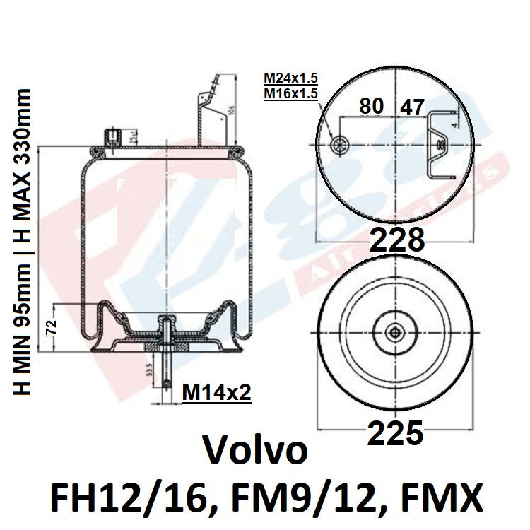 Luftfederbalg Volvo FH12/ 16 FM9/ 12 FMX | 20583420, 20393335, 20424543, 20456195, 20737947, 21961458, mit Metallkolben, Standard