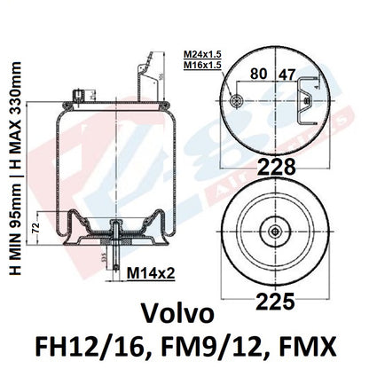 Luftfederbalg Volvo FH12/ 16 FM9/ 12 FMX | 20583420, 20393335, 20424543, 20456195, 20737947, 21961458, mit Metallkolben, Standard