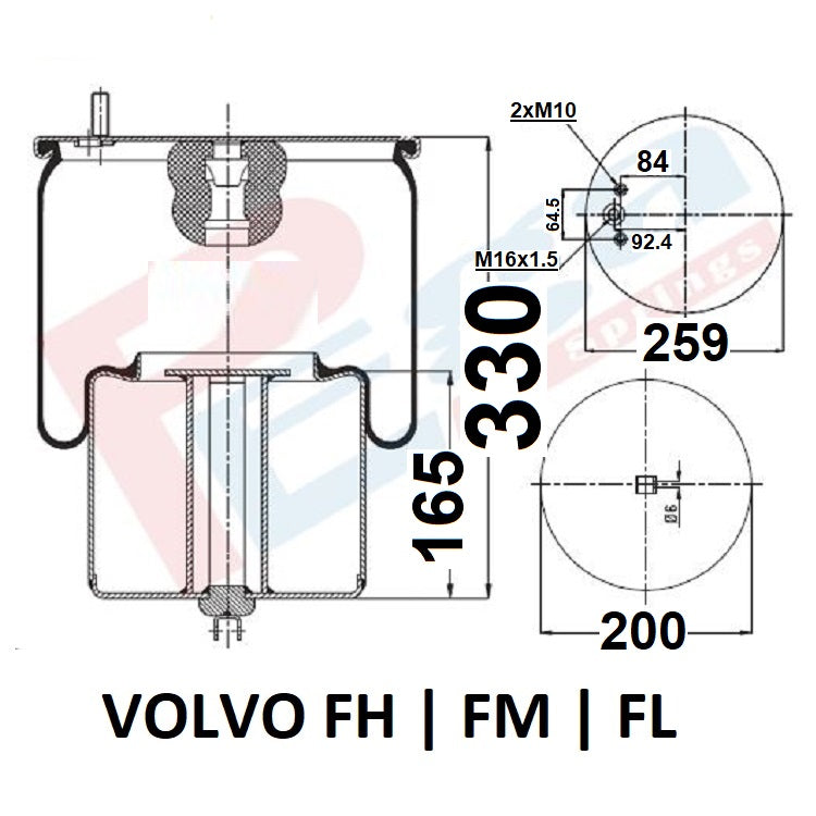 Luftfederbalg Volvo FH 12/ 16 FM 7/ 10/ 12 FL 7 | BR 1076 595, 1076595, mit Metallkolben, Standard