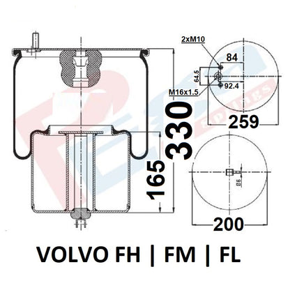 Luftfederbalg Volvo FH 12/ 16 FM 7/ 10/ 12 FL 7 | BR 1076 595, 1076595, mit Metallkolben, Standard