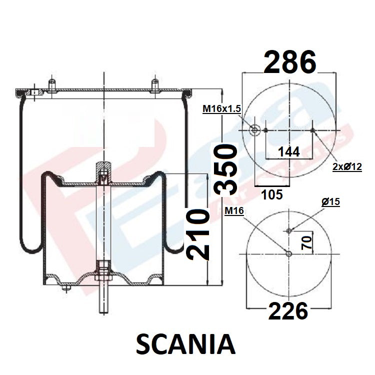 Luftfederbalg Scania 94 114 124 144 164 P G R T | 1510195, 1379392, 1422750, 1440294, 1731113, mit Metallkolben, links, rechts