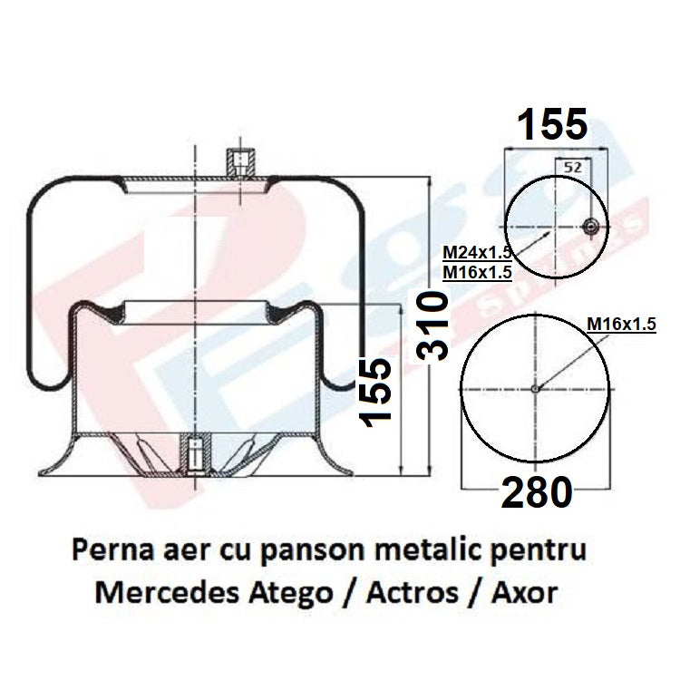Luftfederbalg Mercedes Atego Actros Axor | 974 320 04 17, 974 328 00 01 S, 974 320 02 17, 974 328 01 01, 4757 NP 09 02, 084.111-73A, mit Metallkolben, Standard