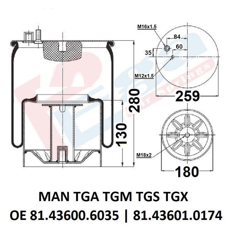 Luftfederbalg MAN TGA TGM TGS TGX | 81436006035, 81436006055, mit Metallkolben, hinten, links, rechts