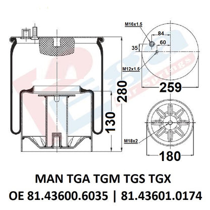 Luftfederbalg MAN TGA TGM TGS TGX | 81436006035, 81436006055, mit Metallkolben, hinten, links, rechts