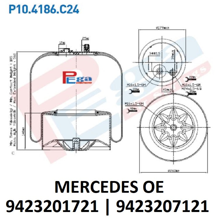 Luftfederbalg Mercedes Actros Axor Arocs | 9423201721, 9423207121, 4186NP24, mit Metallkolben, hinten, links, rechts