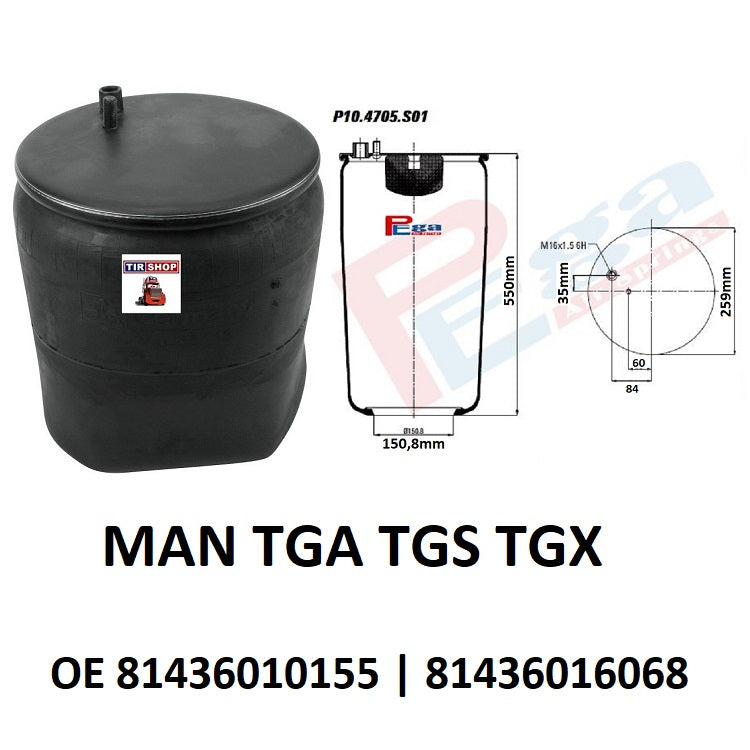 Luftfederbalg MAN TGA TGS TGX | 81436010155, 81436016068, 4705N1P01, MLF8217, ohne Kolben, Standard