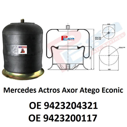 Luftfederbalg Mercedes Actros Axor Atego Econic | 9423204321, 9423200117, 135692, mit Metallkolben, Standard